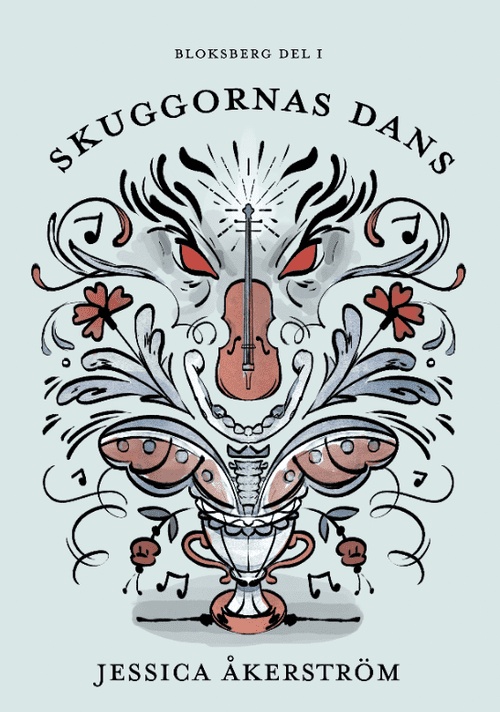 Skiss för bokomslag till Dödsdansen med ögon, kurbits och skelettdelar av Frida Hagman