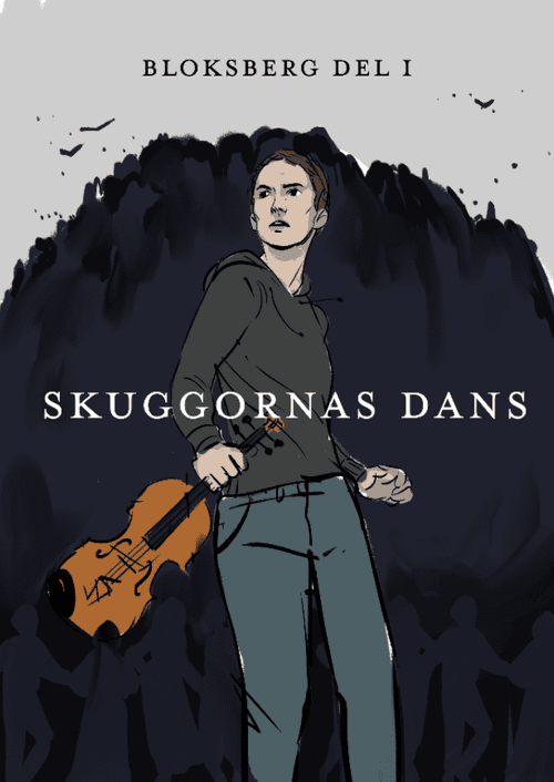 Skiss för bokomslag till Dödsdansen med en ung kvinna som håller i en fiol av Frida Hagman