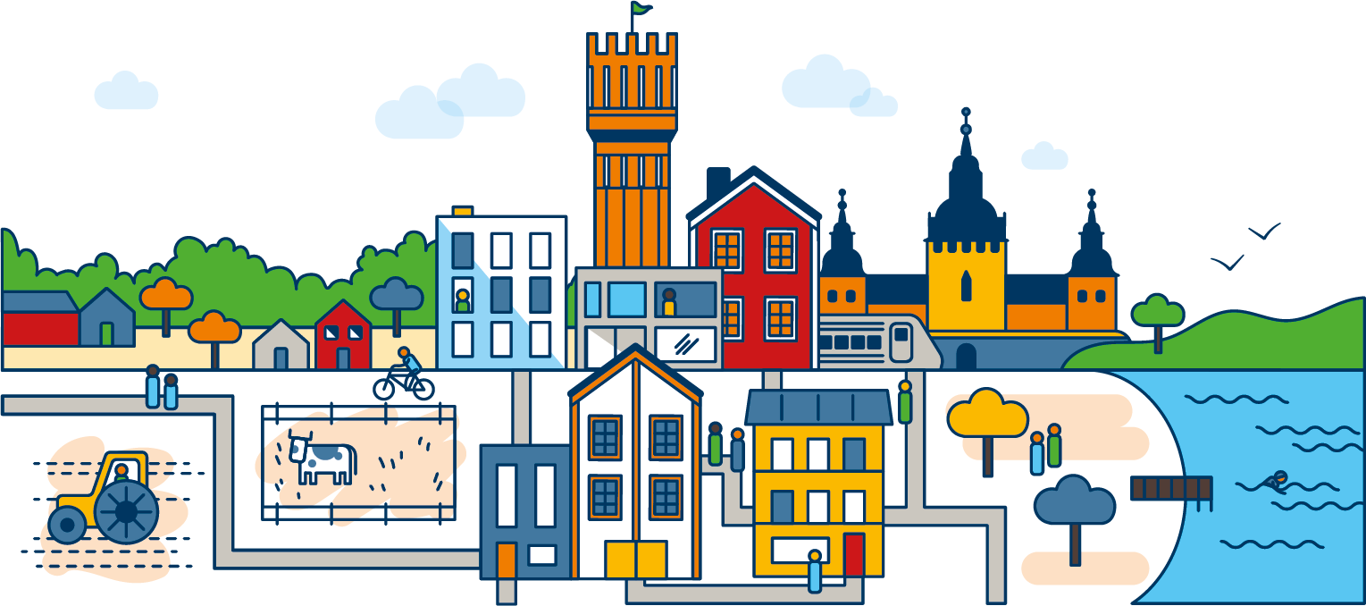 Illustration som visar Kalmars ikoniska byggnader
