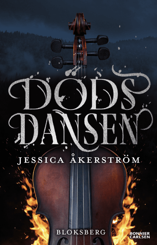 Skiss för bokomslag till Dödsdansen med en fiol som brinner av Frida Hagman
