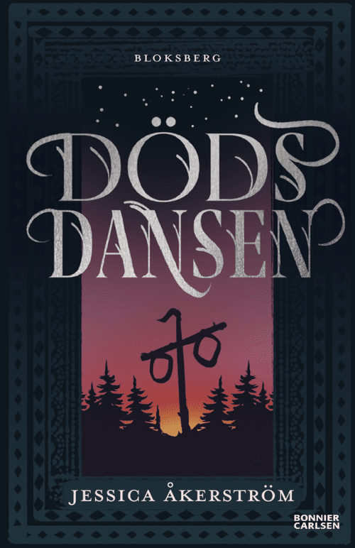 Skiss för bokomslag till Dödsdansen med en soluppgång över en midsommarstång av Frida Hagman