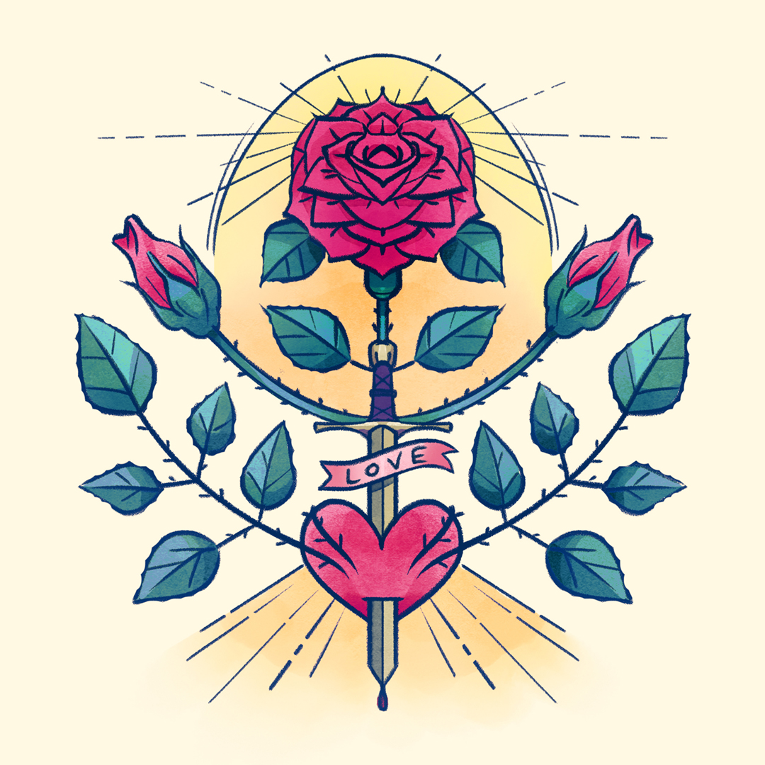 Asymmetrisk illustration av en ros och ett svärd av Frida Hagman