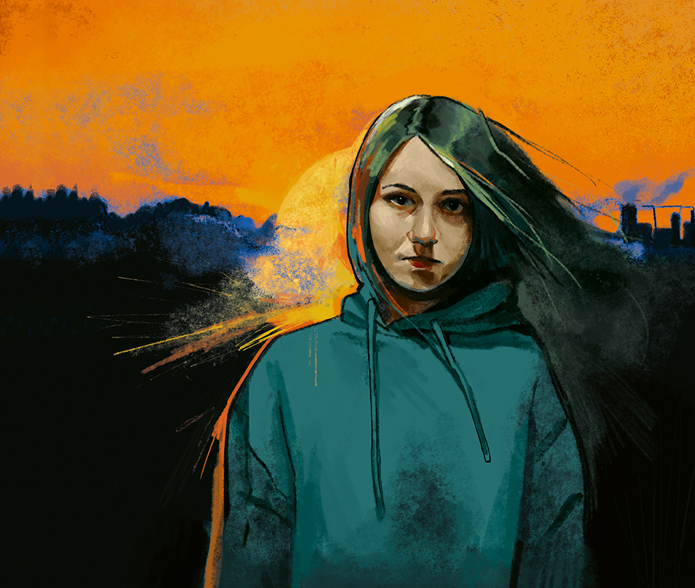 Illustration av en ung kvinna mot en solnedång